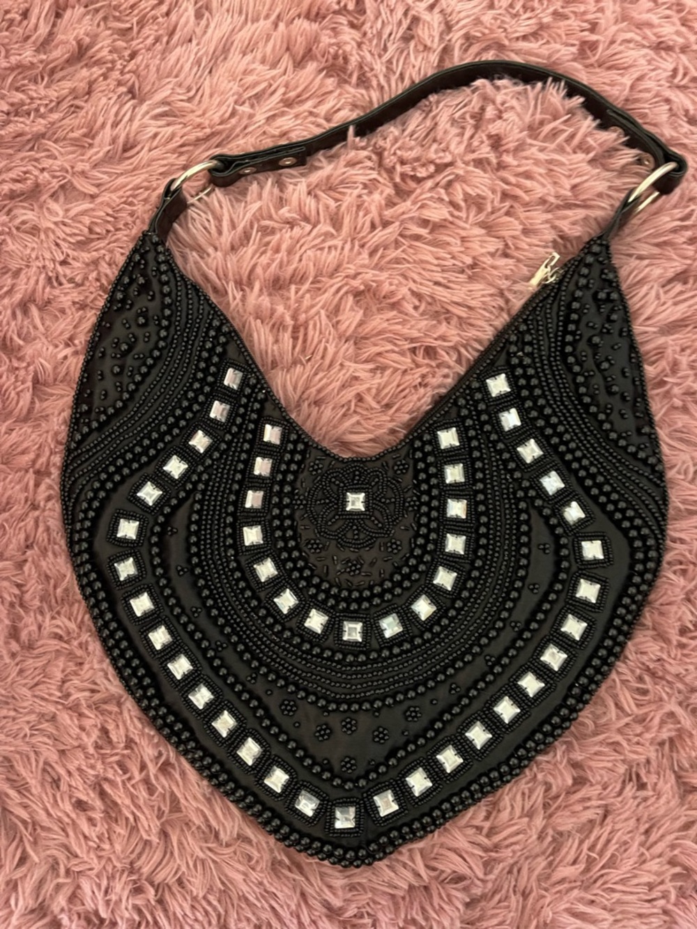 Embellished Black Beaded Hobo Bag